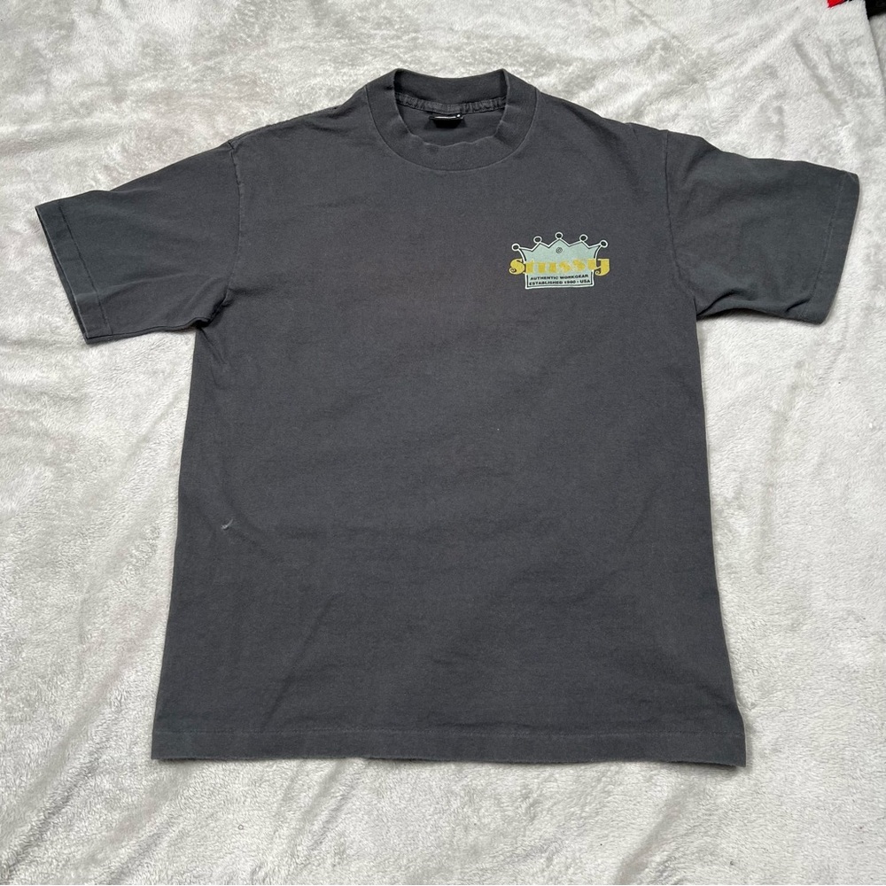 VTG Stussy Tee Mens M Double Sided Workgear Crown Single Stitch Made in USA Gray